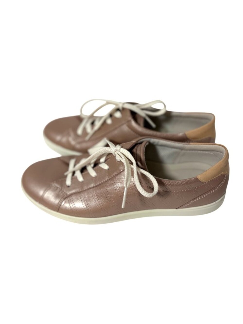 Ecco Womens Size 40 9 9.5 Sneaker Flat Shoes Leather Shiny Rose Gold Lace Tie Up